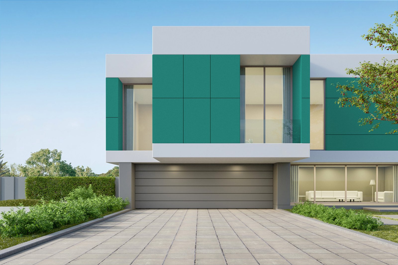 3d rendering of modern luxury house with garage door and concrete floor.