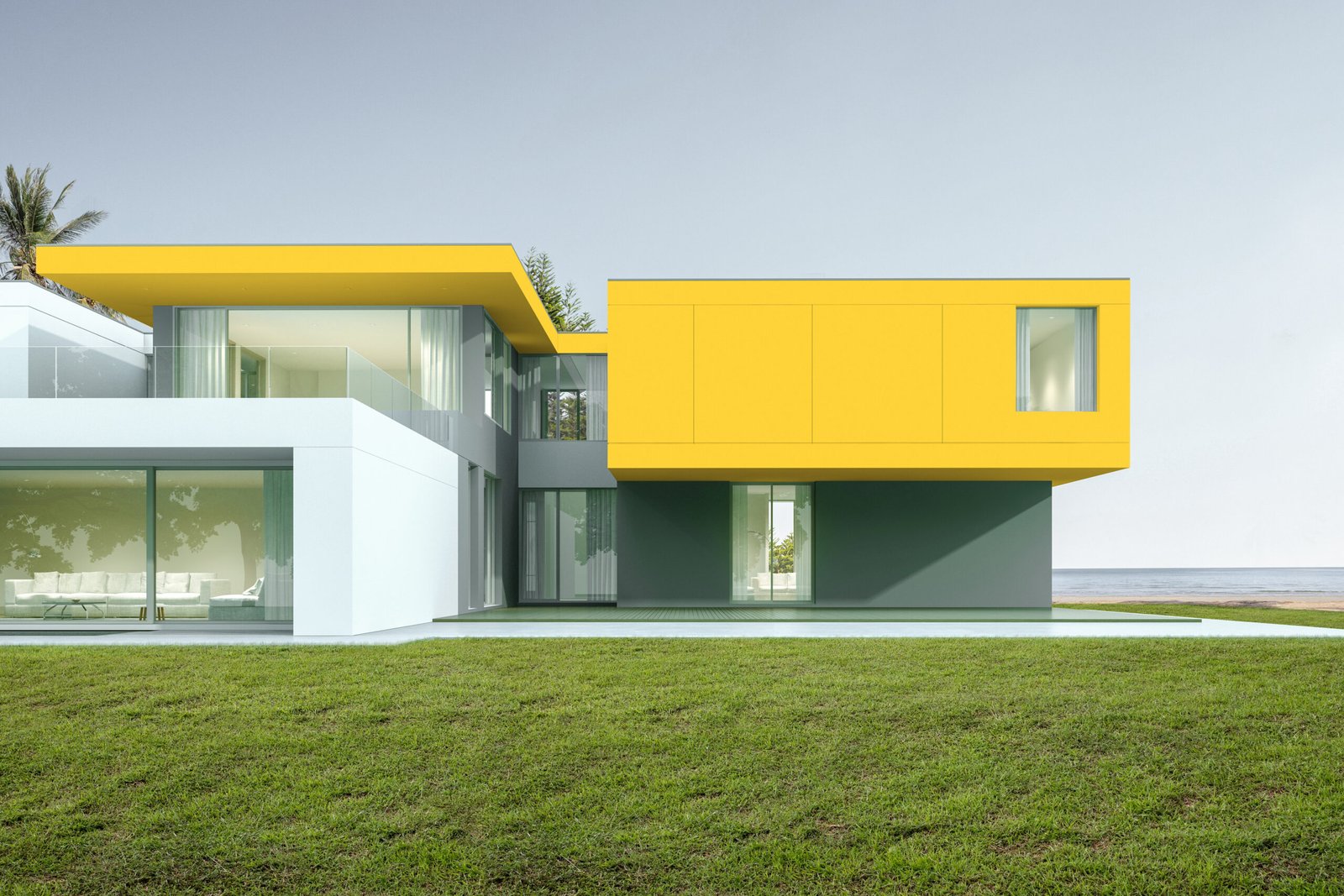 Perspective of modern luxury house with lawn yard on sea background, Exterior. 3d rendering.