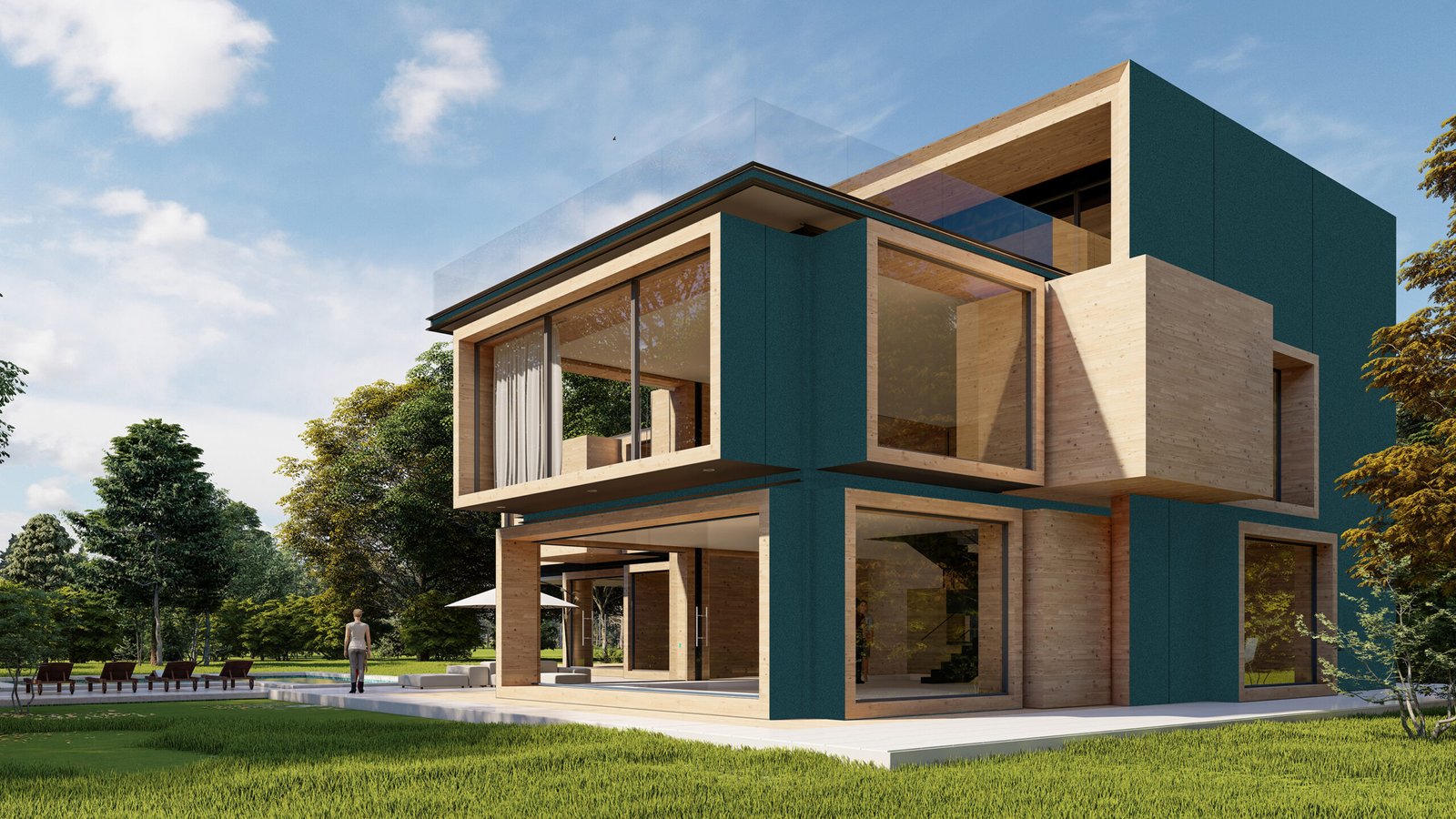 3D rendering of a large modern contemporary house in wood and concrete