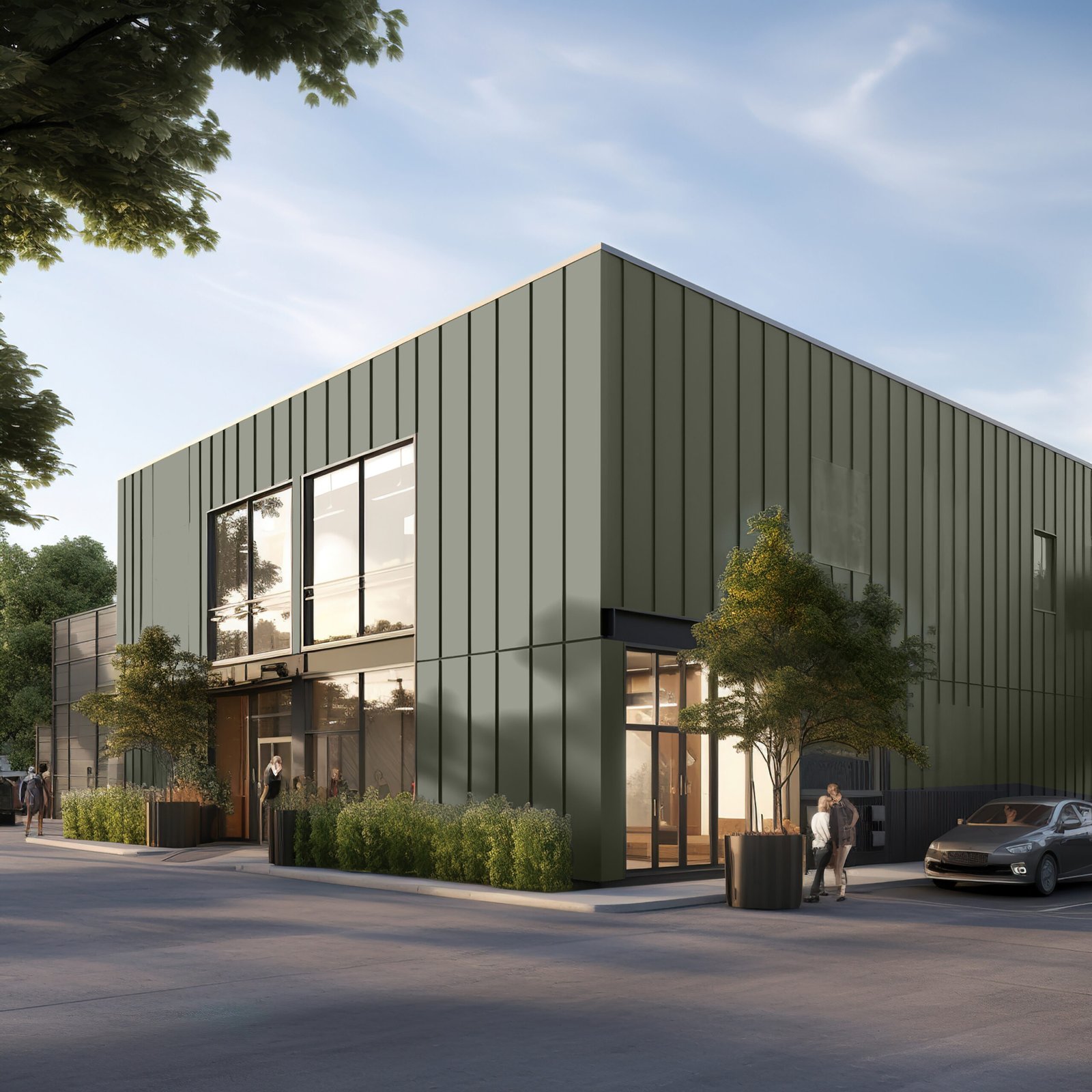 Black modern commercial building with people outside