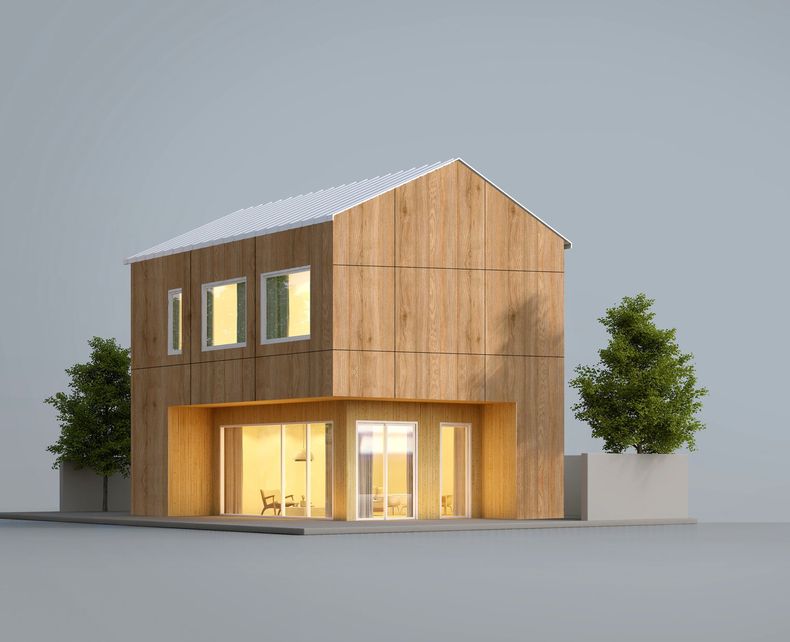 Modern house exterior with white metal sheet and wood isolated on gray background.3d rendering